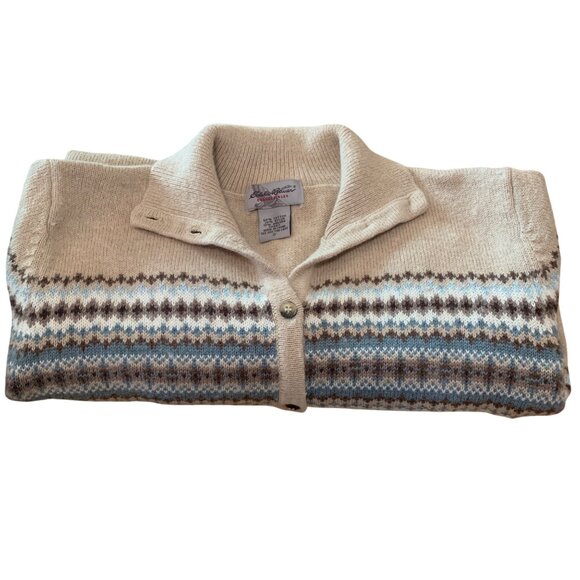 VTG Eddie Bauer Women's Cardigan Angora Fair Isle Beige Blue Sz M Cottagecore - Picture 15 of 16